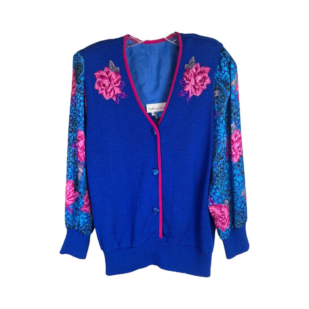 Anthony Sicari Womens Cardigan Sz 14 Blue‎ Knit Floral Long Sleeve Vintage